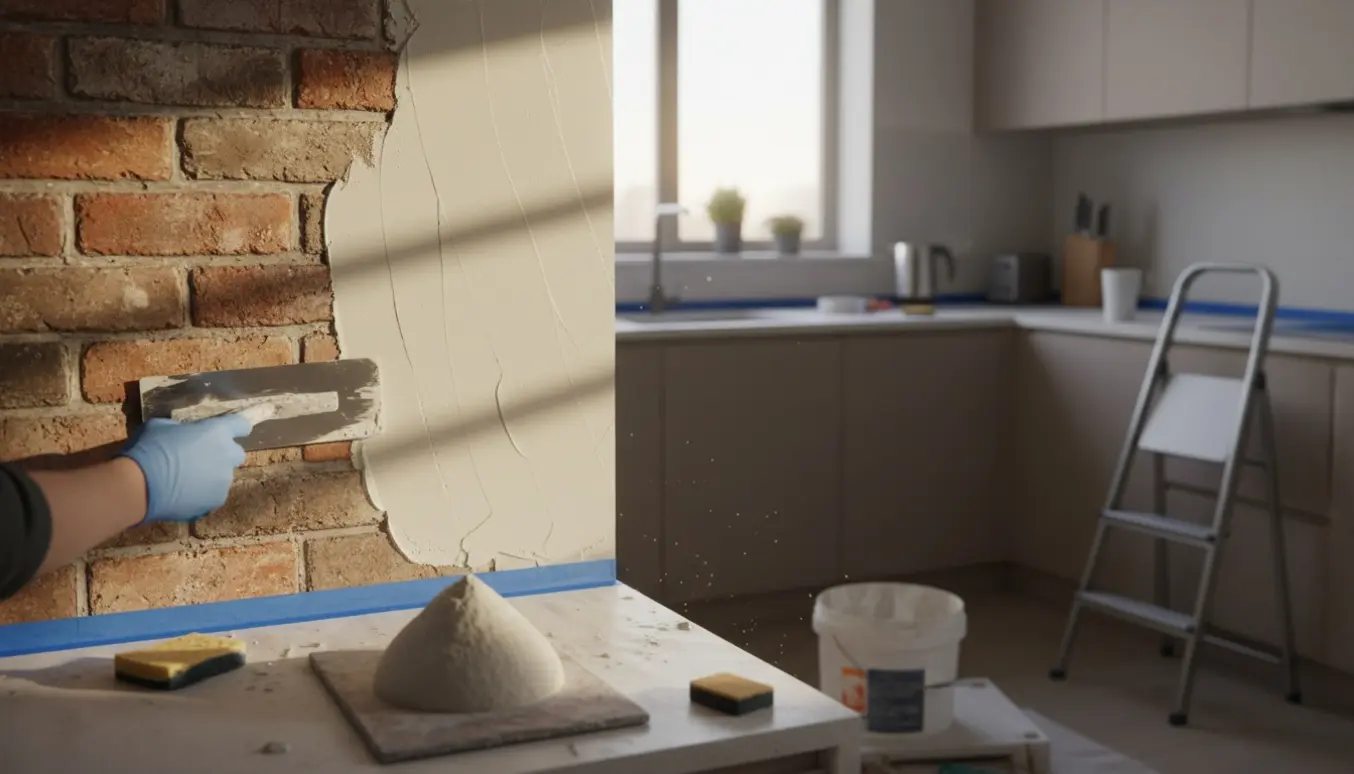 Halvpudset mur i køkken med murske, spand og beskyttelsesdug klar til efterfølgende maling.