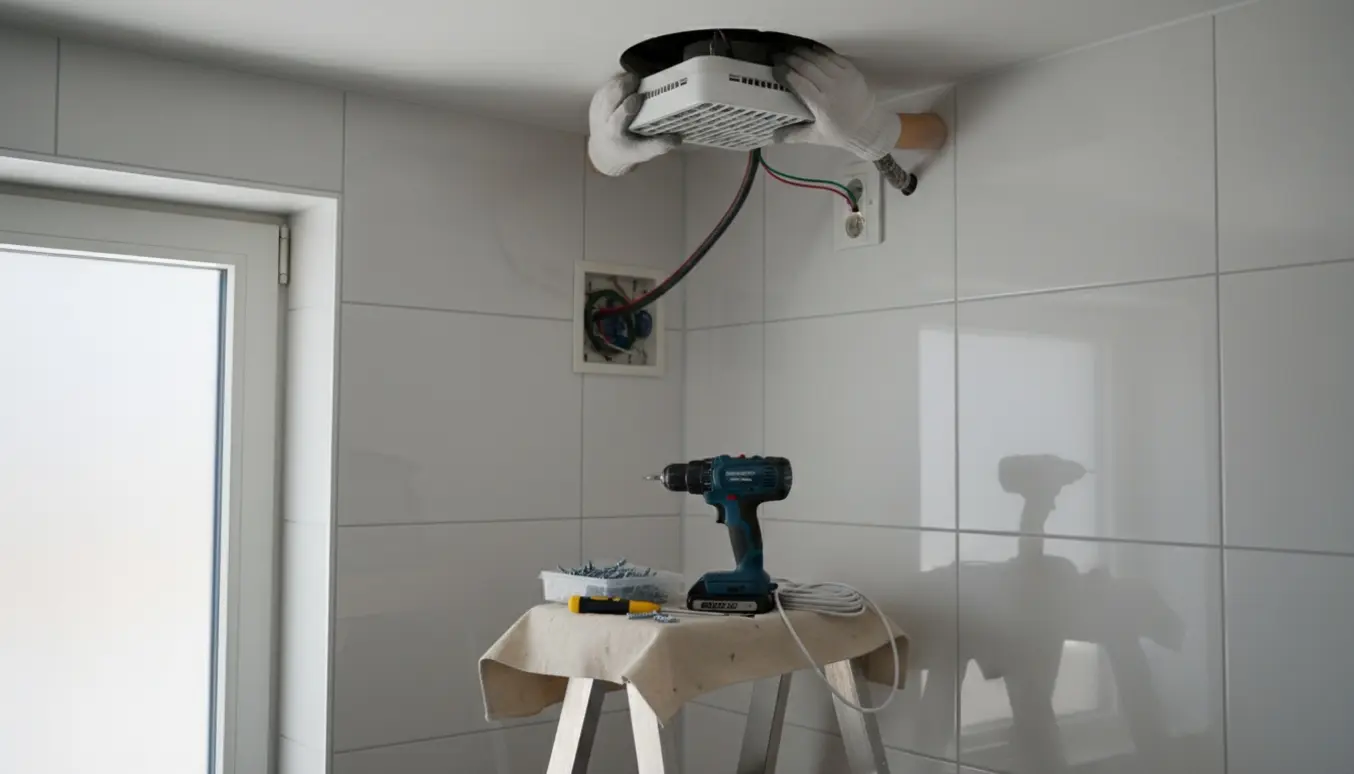 Nærbillede af hænder, der trækker ledning og monterer en badeværelsesventilator i loftet.