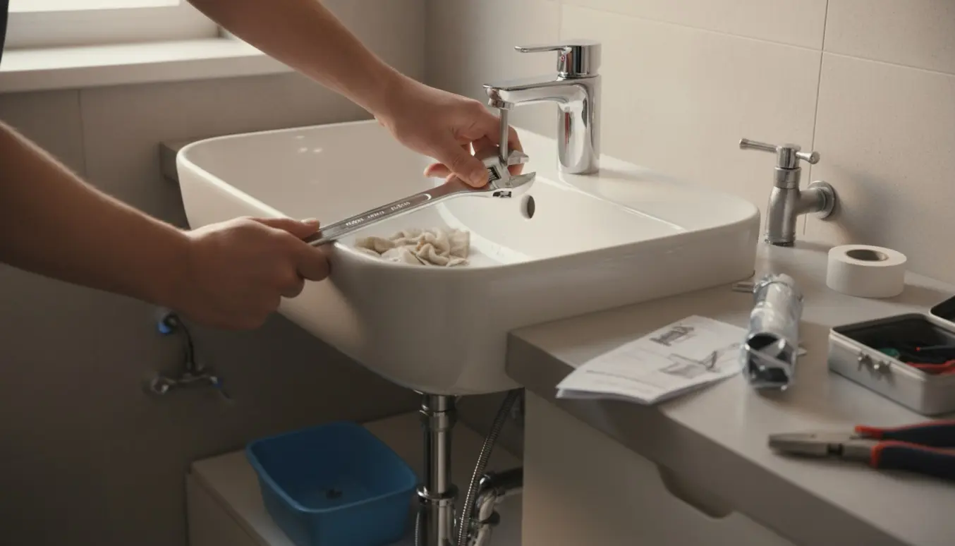 Hænder installerer et nyt krom blandingsbatteri ved badeværelsesvask med værktøj og installationsvejledning på bordet.