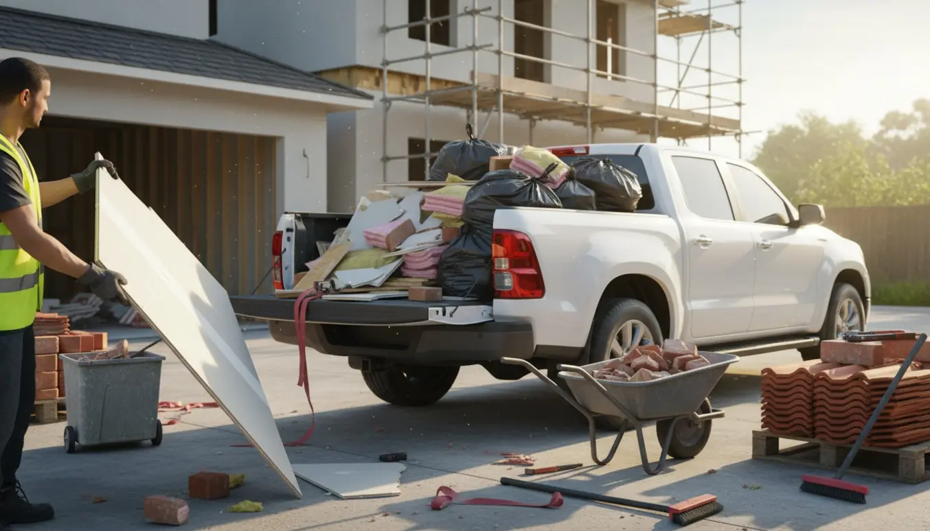 Pickup lastet med byggaffald foran et hus under renovering, arbejdere læsser materialer uden synlige ansigter.