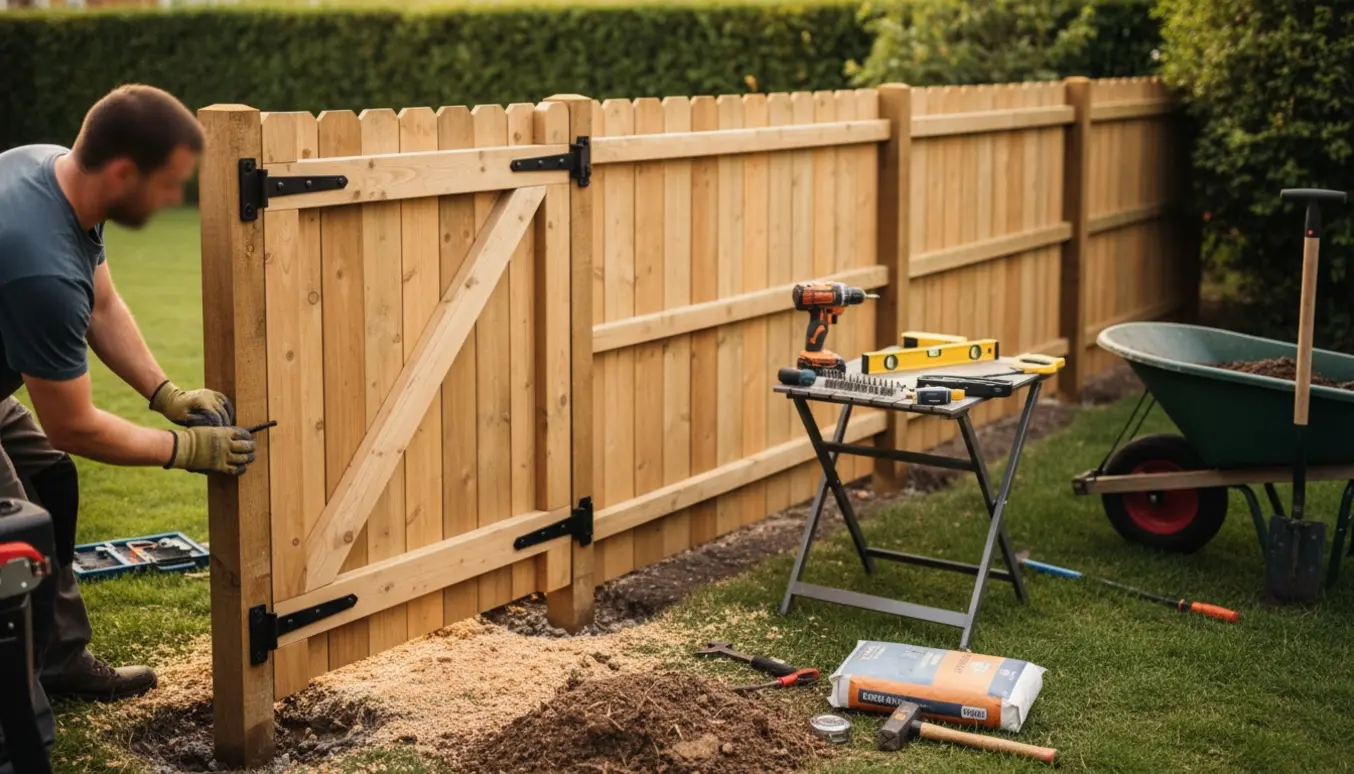 Nyopført træhegn og havelåge i en have med værktøj og byggeområdet.