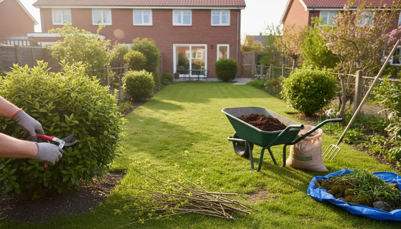 Forårshave ved rækkehus med handsker i gang med beskæring, trillebør med jord og en bunke ukrudt.
