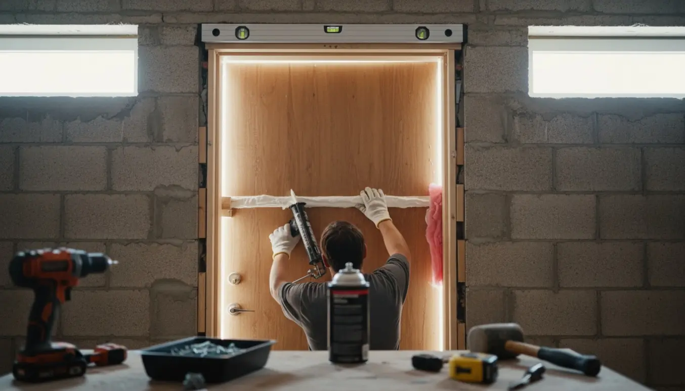 Hænder monterer en ny kælderdør med to smalle vinduer, silikone og værktøj synligt.