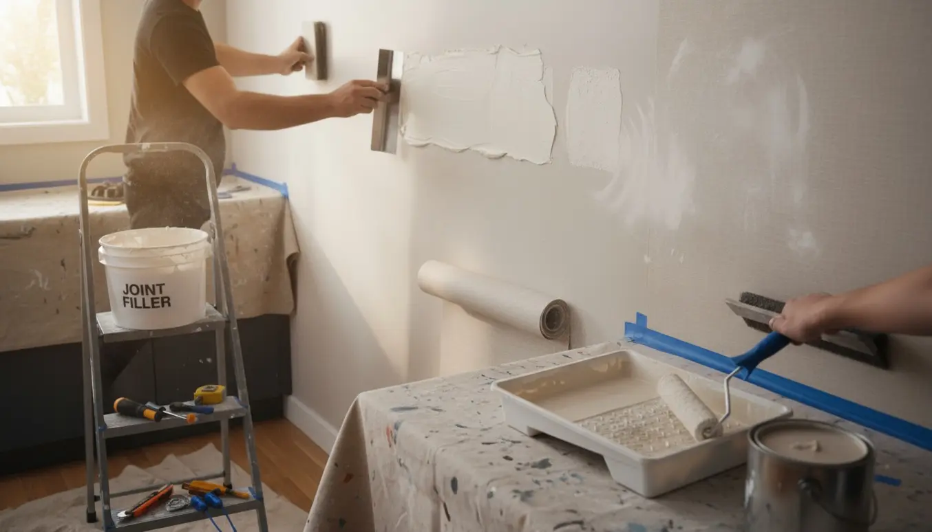 Hænder spartler, sliber og påfører filt og maling på en køkkenvæg.