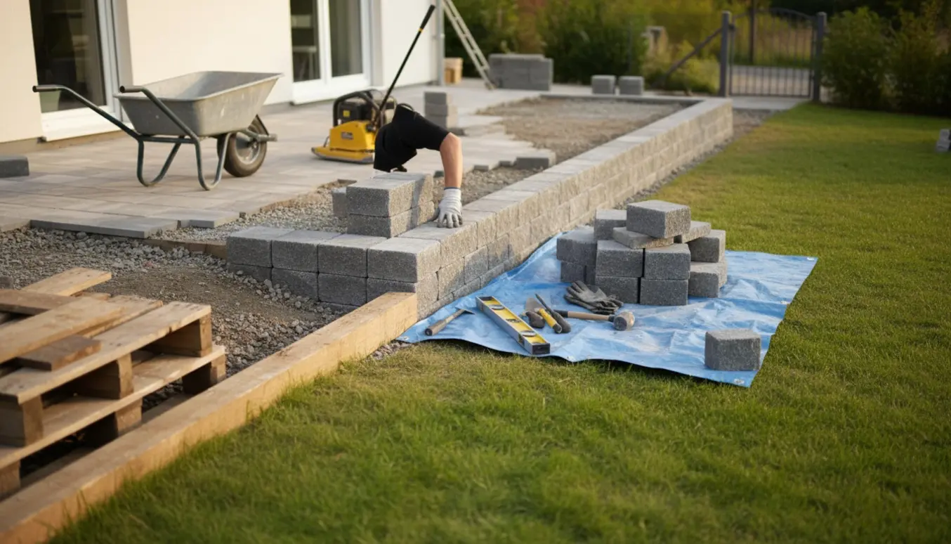 L-formet terrasse under renovering med grå støttemursten, afmonteret træværn og materialer klar til lægning.