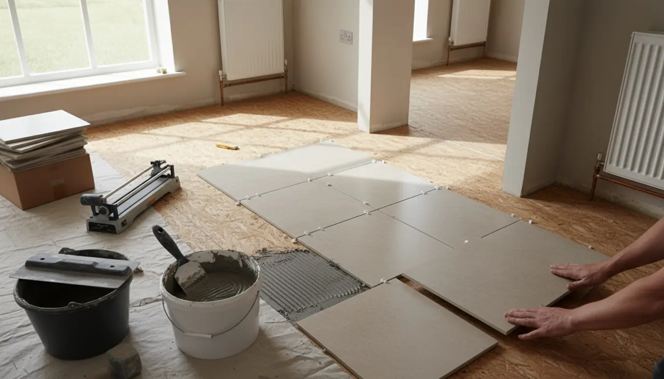 Delvist lagt gulv med store fliser på gulvspånplader, værktøj og radiatorrør synlige.