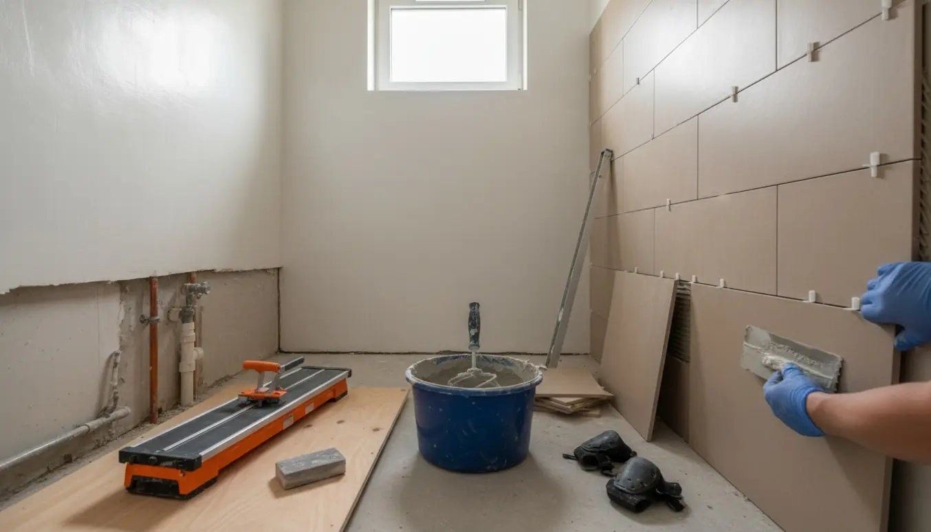 Lille badeværelse under renovering med hænder, fliser, fliseklæb og værktøj ved at sætte fliser op på en pudset væg.