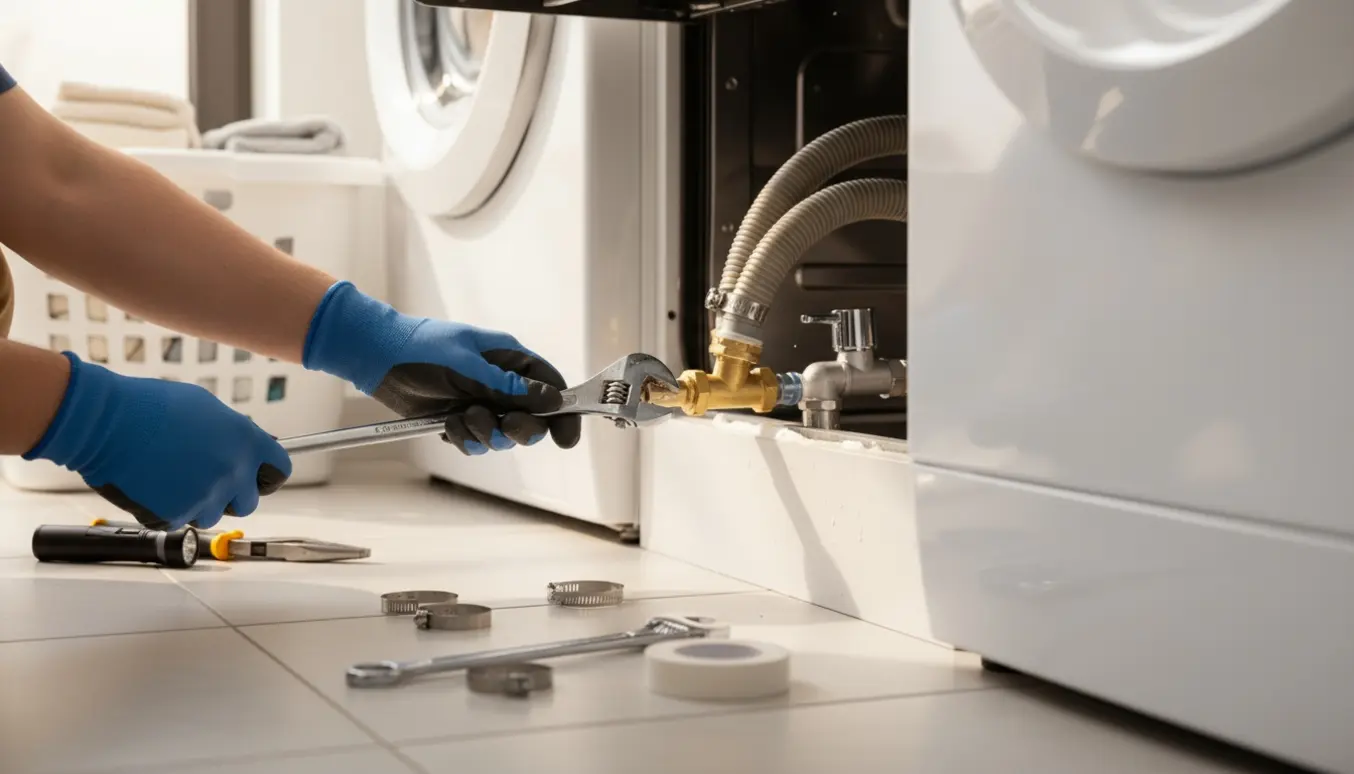 Hænder tilslutter vand- og afløbsslanger til vaskemaskine og opvaskemaskine i et lyst, rent rum.