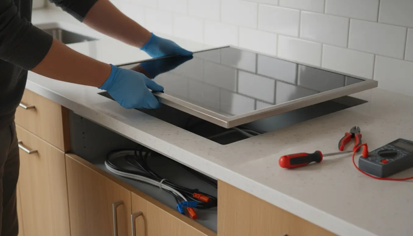 Handskerede hænder monterer en ny elektrisk kogeplade i en udskåret køkkenbordplade.