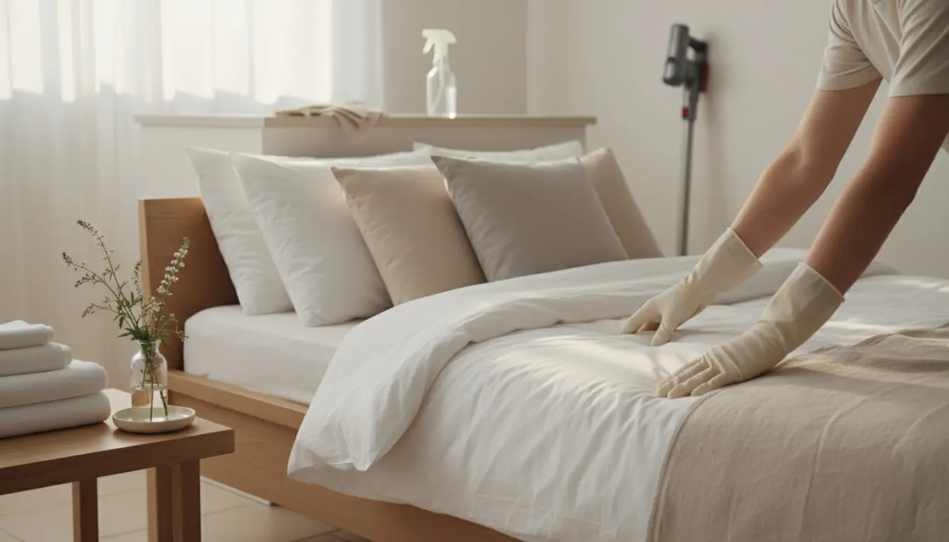 Hænder retter en nyopredt seng i en lys, moderne lejlighed med friske håndklæder og rengøringsudstyr.