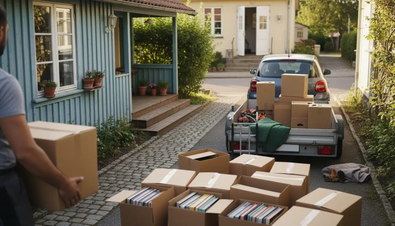 Flyttebil med trailer og stabler af flyttekasser fyldt med bøger mellem et kolonihavehus og en stuelejlighed.