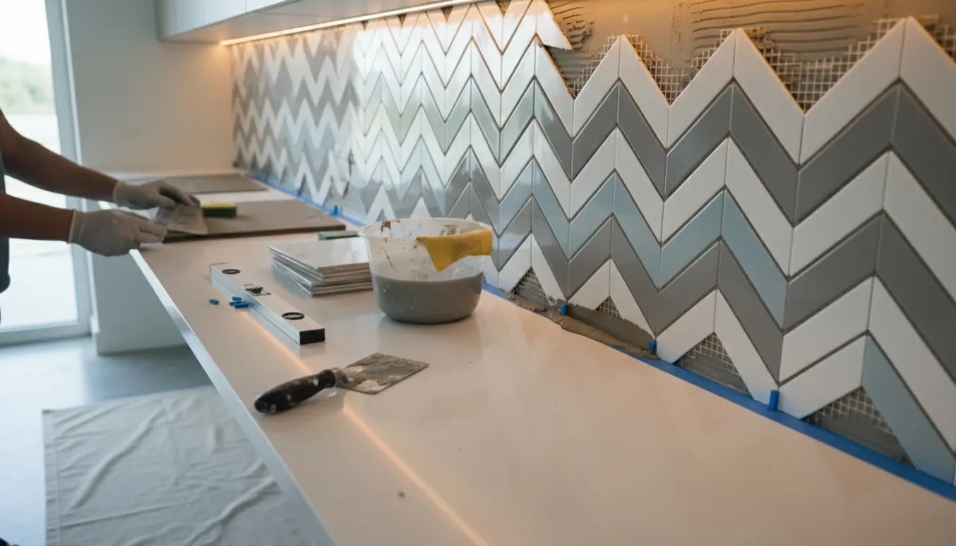 Hænder fuger netmonterede fliser på en køkkenbagvæg med værktøj og materialer på bordet.