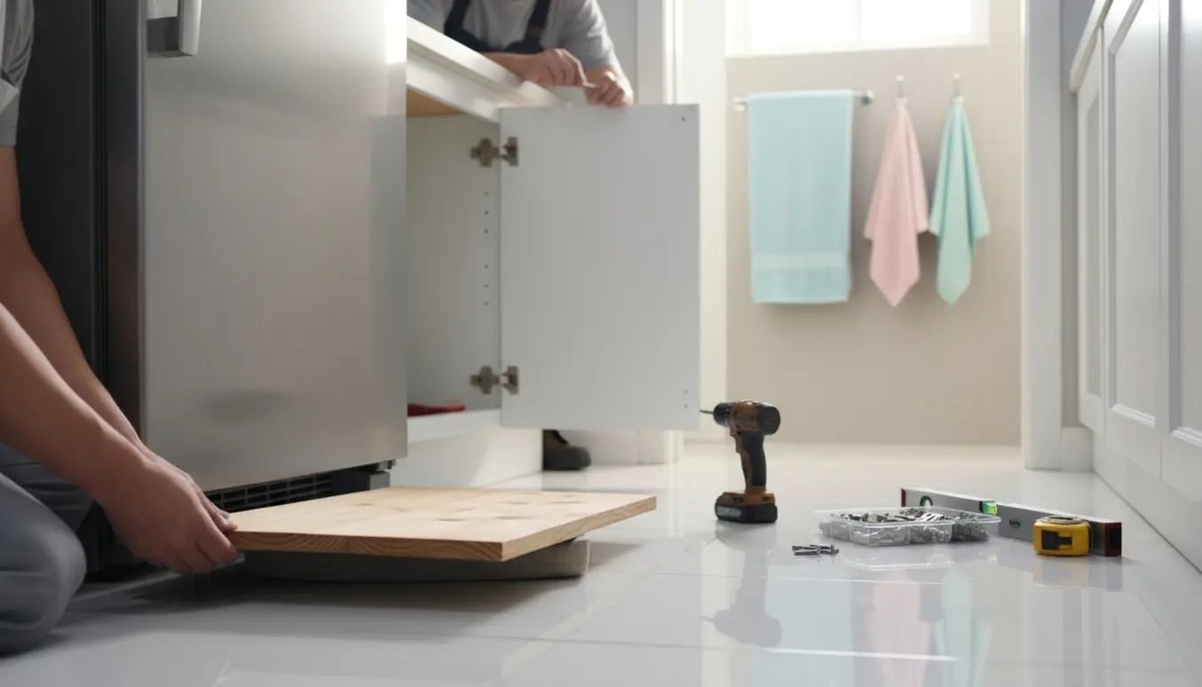 Hænder monterer en træplade under køleskabet og justerer et køkkenskabshængsel, med et nyligt monteret håndklædeholder i baggrunden.