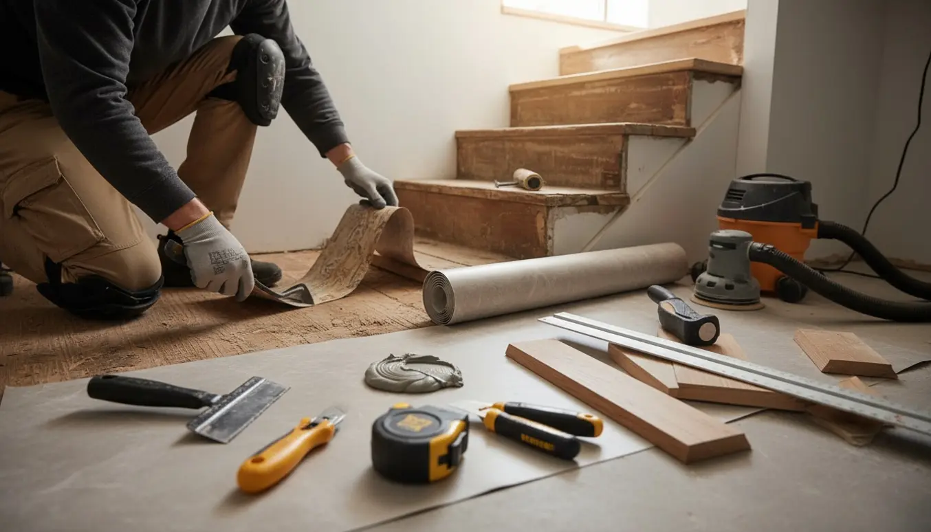 Hænder monterer nyt linoleum på en kældertrappe med værktøj og materialer klar.