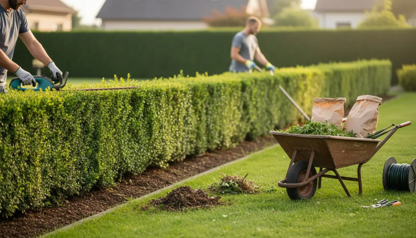 Havearbejde med hækkeklipning, kantning af bed og bortkørsel af grønt affald i en solrig have.