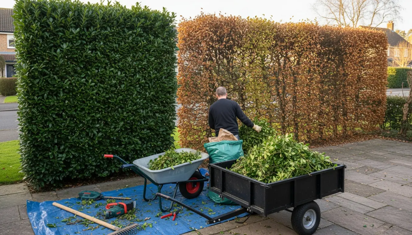 Nyligt klippede liguster- og bøgehække med affald i trailer og trillebør klar til bortkørsel.