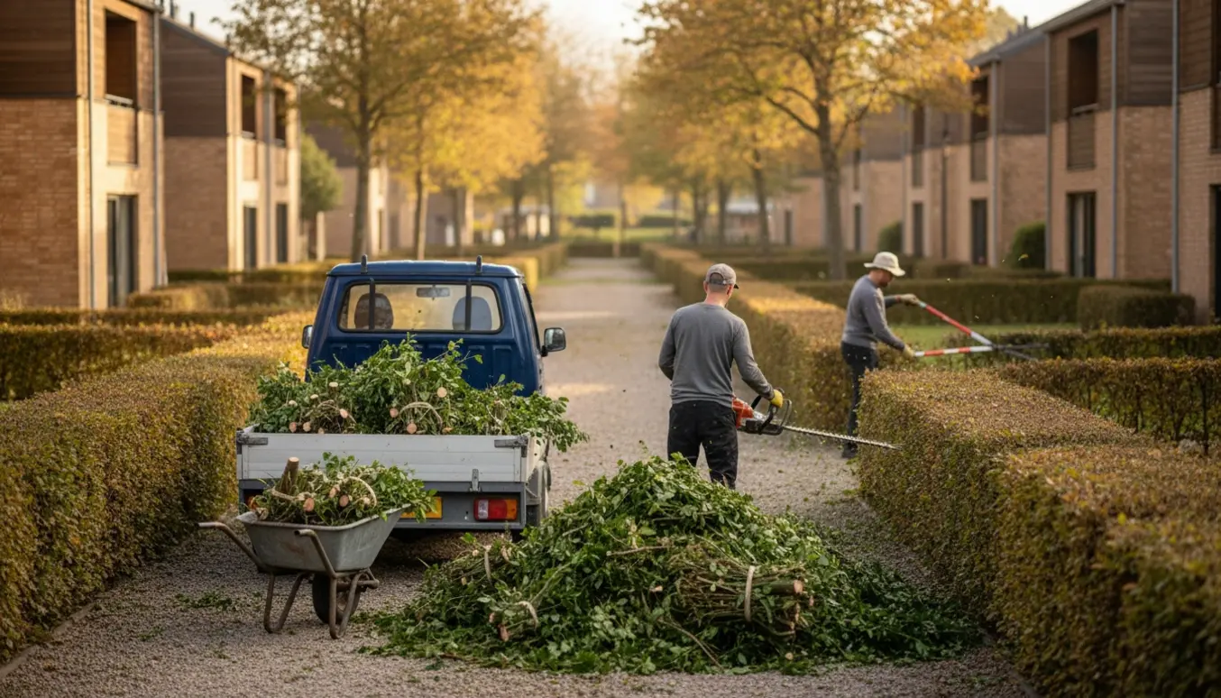 Lang række nyslået hæk i en andelsforening med afklip samlet og trailer klar til bortkørsel.