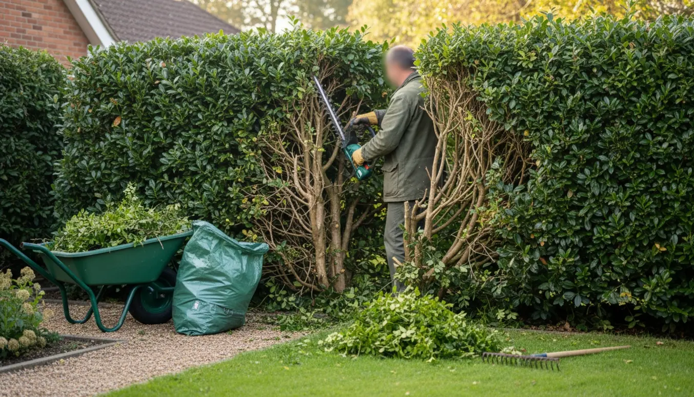 En havearbejder set bagfra trimmer indersiden af en tæt hæk og samler afklip i en trillebør.