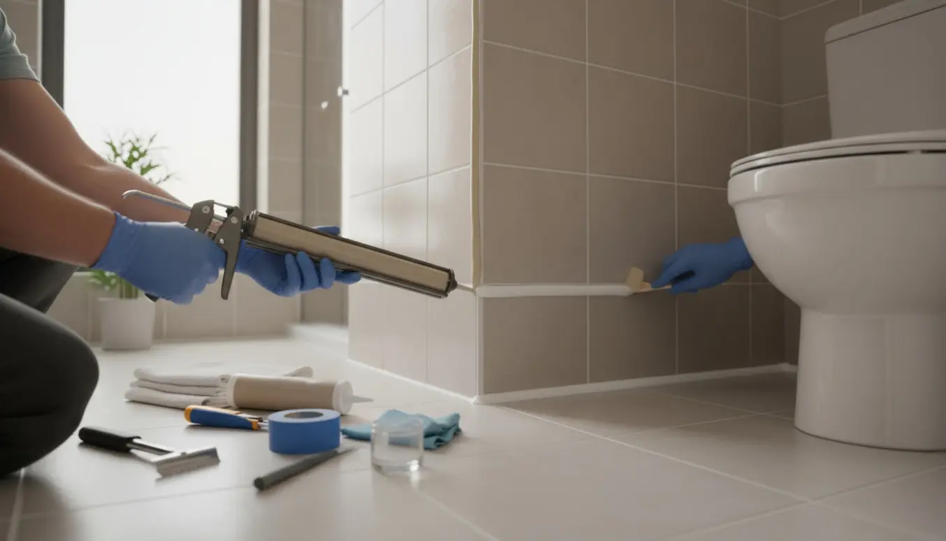 Nærbillede af hænder, der påfører beige silikone i brusehjørnet, mens hvid fuge glattes ved toilettet.