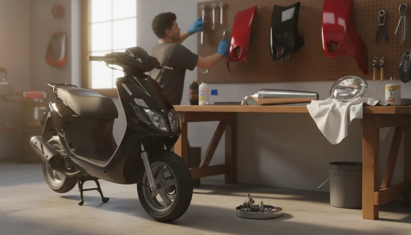Nærbillede af en scooter i et garageværksted med nye skjolde, udstødning, lygteglas og en ratlås klar til montering.