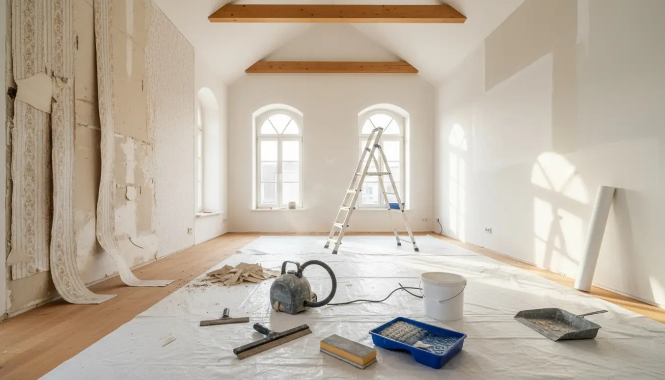 Stue med loft til kip, delvist fjernet savsmuldstapet og opsætning af filt med værktøj i forgrunden.