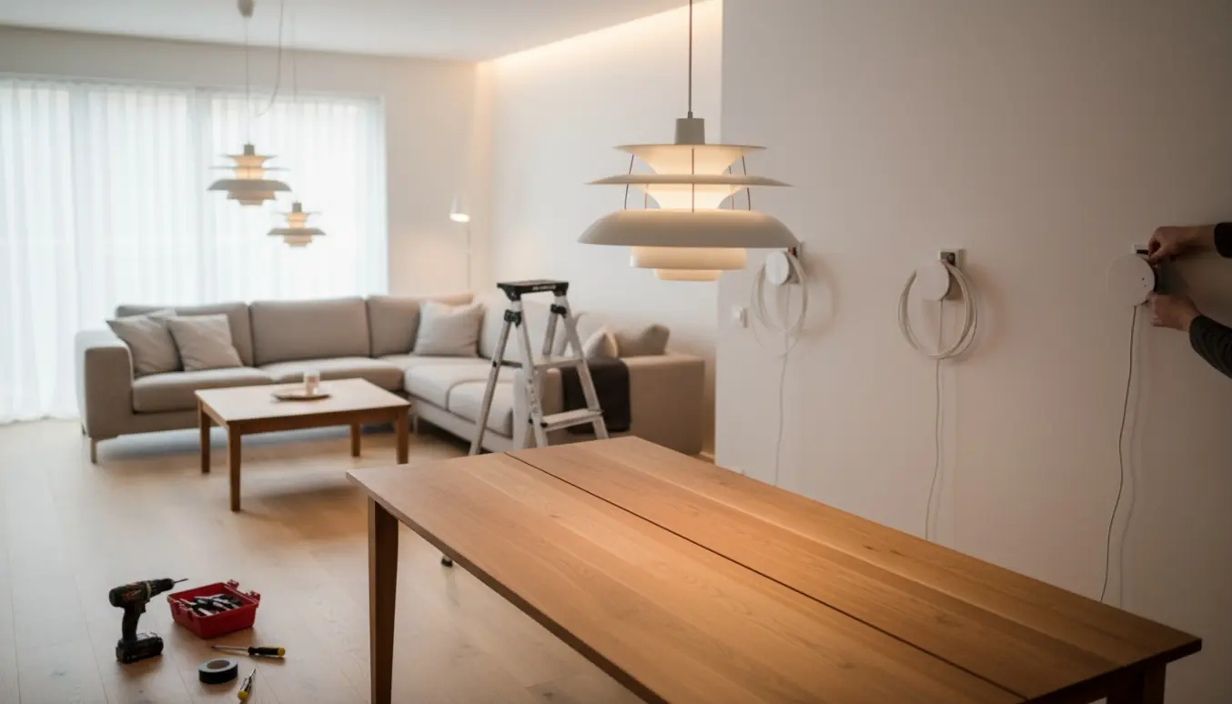 To hvide lagdelte pendellamper hænges op over spisebord og sofabord i en moderne stue med stige og værktøj i forgrunden.