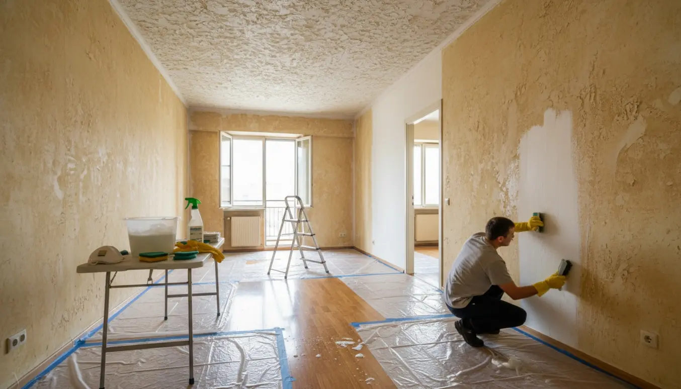 Tøm lejlighed under dybde-rengøring efter 15 års rygning, hvor en handske skrubber en væg og afslører et rent hvidt område.