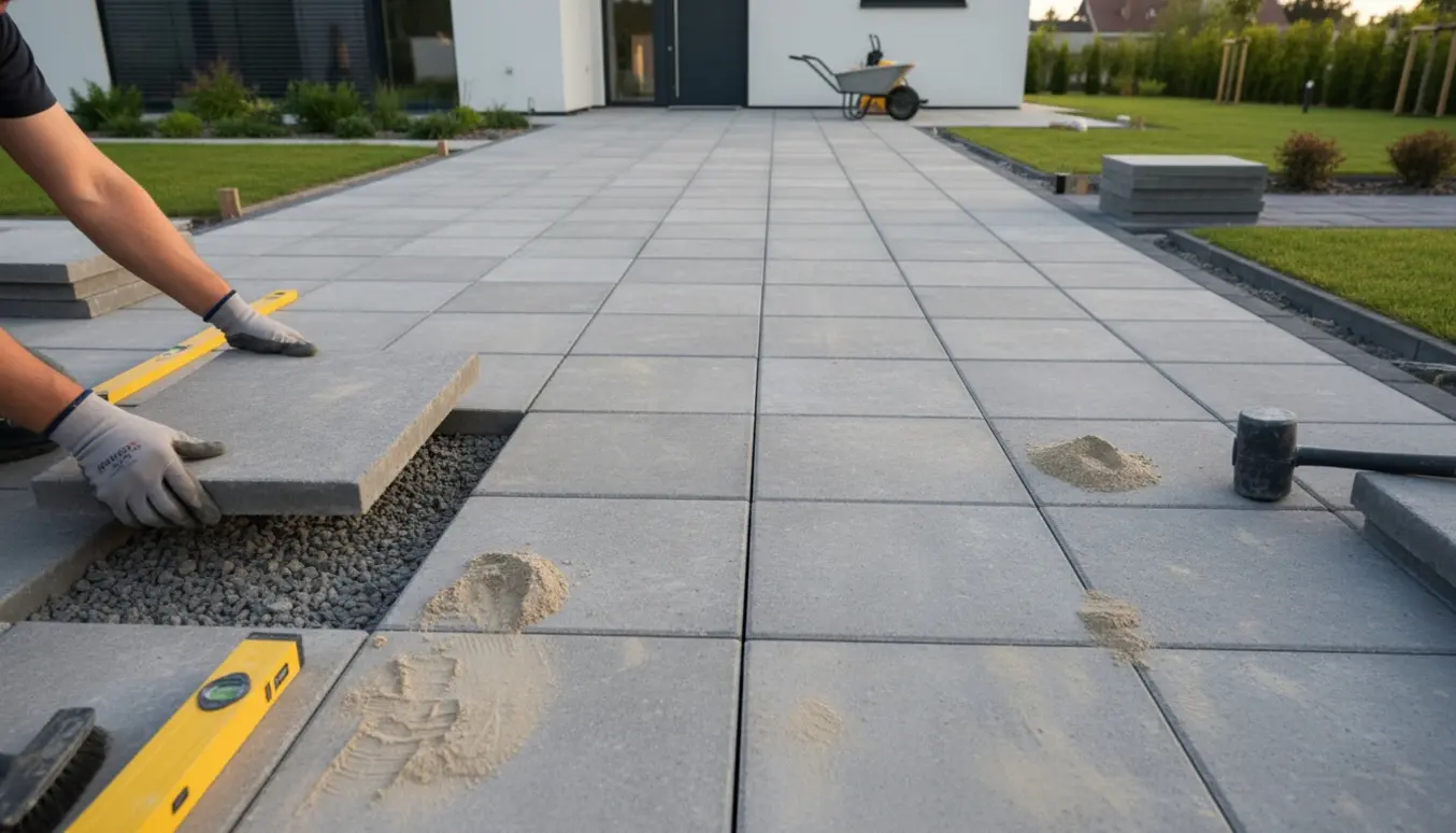 Nyindlagt indkørsel og terrasse med store kvadratiske fliser, hvor håndværkerhænder justerer en flise.