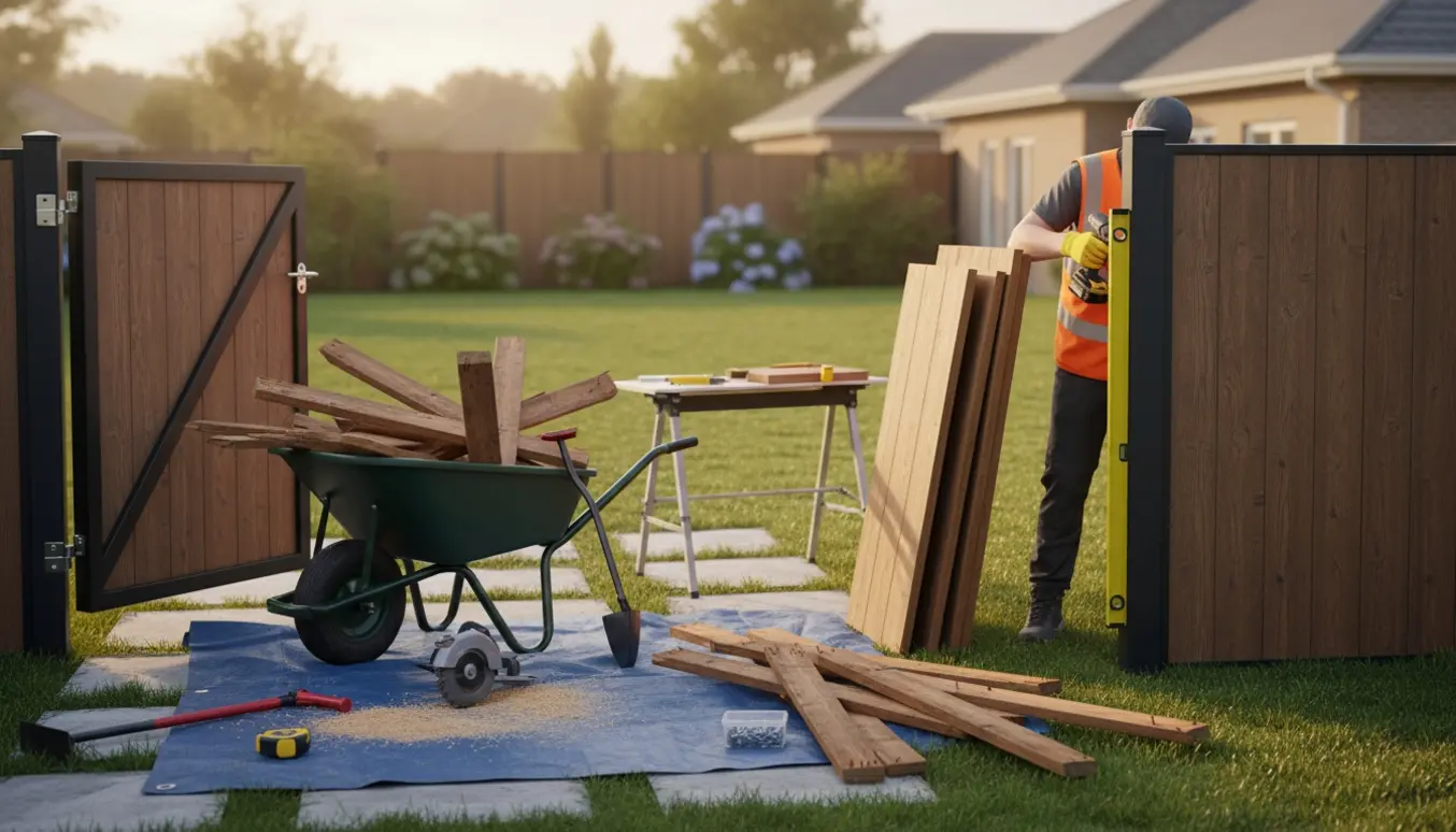 En håndværker monterer et vedligeholdelsesfrit hegn mens gammelt træ er fjernet og stablet i en trillebør.