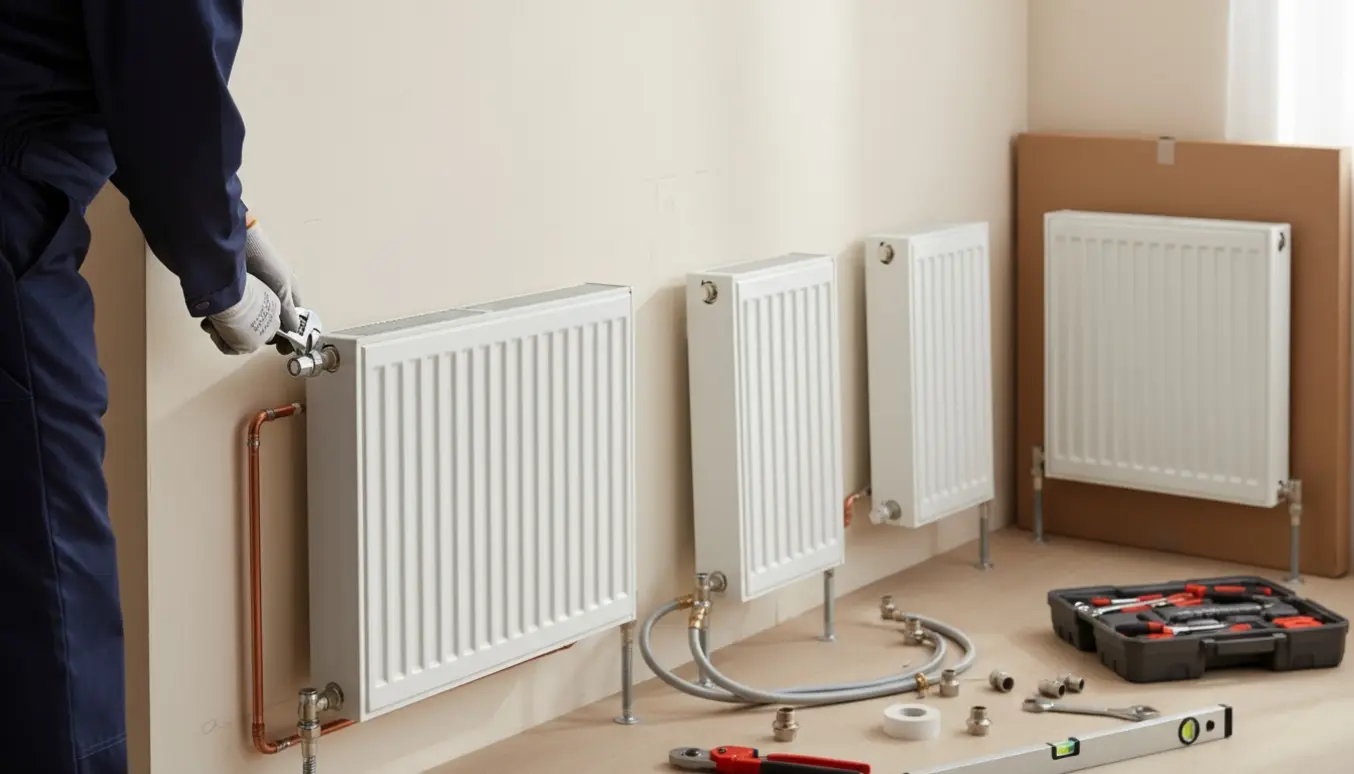 VVS-montør monterer en radiator i et hjem med tre ekstra radiatorer og værktøj i baggrunden.