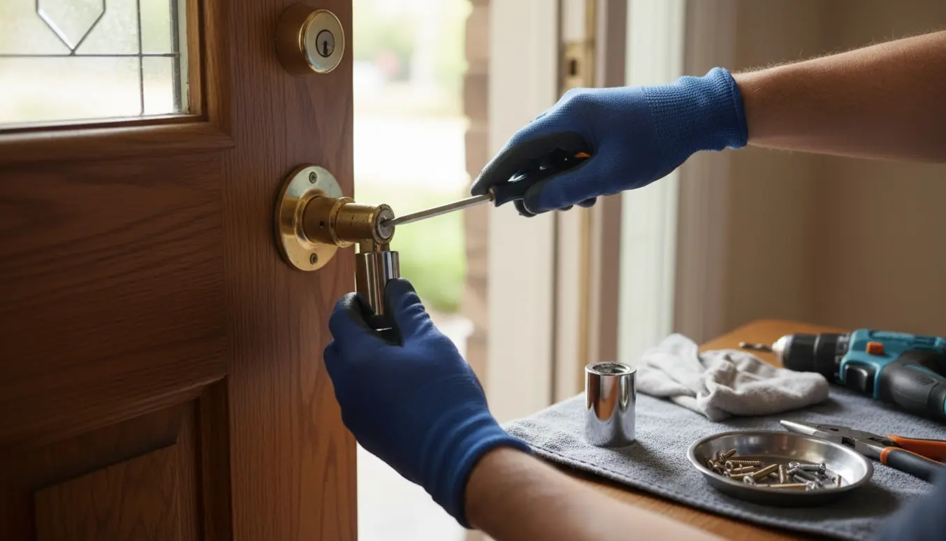 Hænder trækker en defekt låsecylinder ud af hoveddøren med værktøj på et arbejdsunderlag.