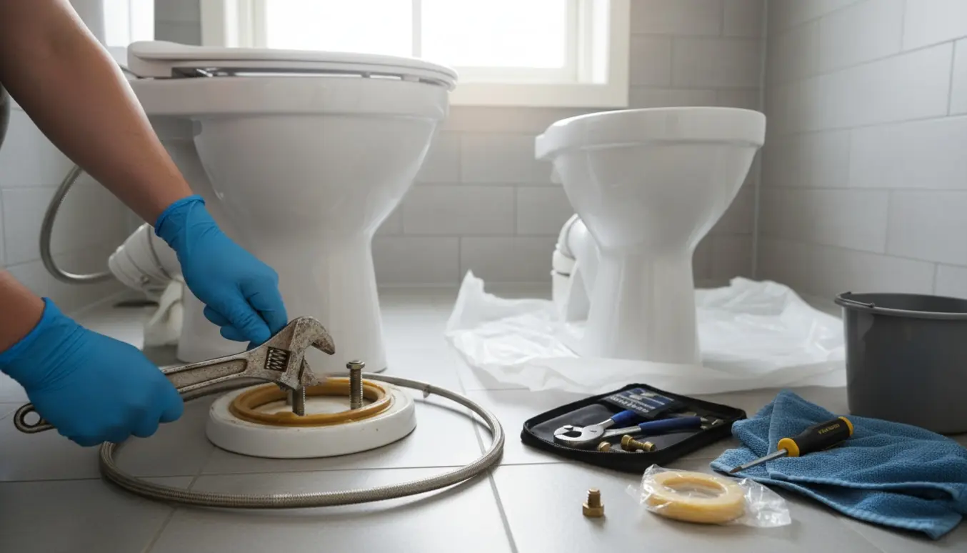 Udskiftning af et hvidt toilet i et moderne badeværelse med håndværkerhænder og værktøj.