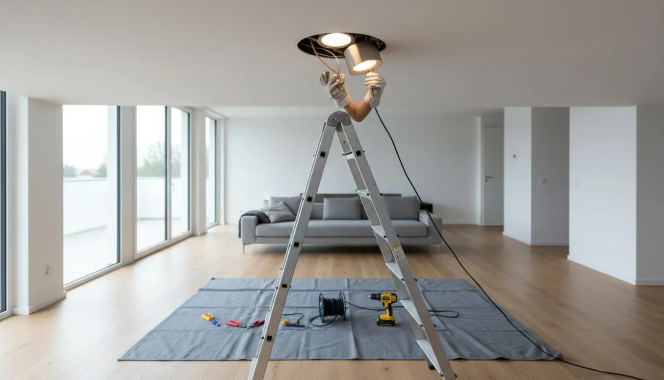 Hænder installerer indbyggede LED-spot i loftet over en lys stue.