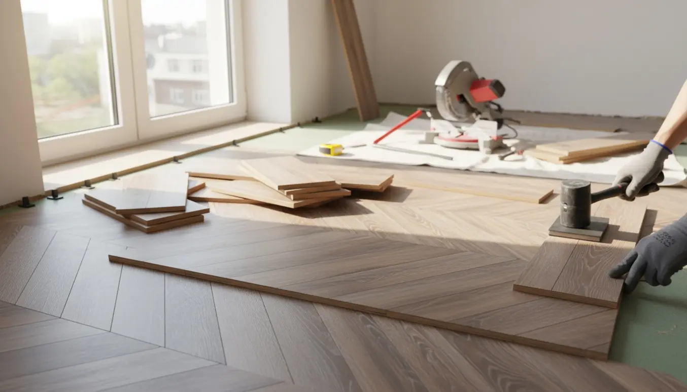 Kliklaminat i sildebensmønster bliver lagt i en lys lejlighed med værktøj og stablede planker.