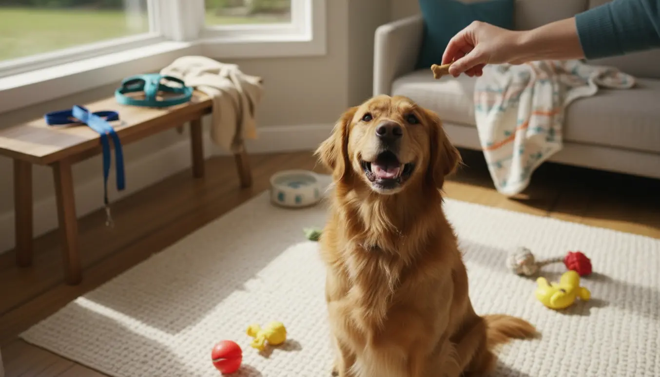 En venlig hund bliver passet i en solfyldt stue, en hånd tilbyder en godbid mens legetøj og vandskål står klar.