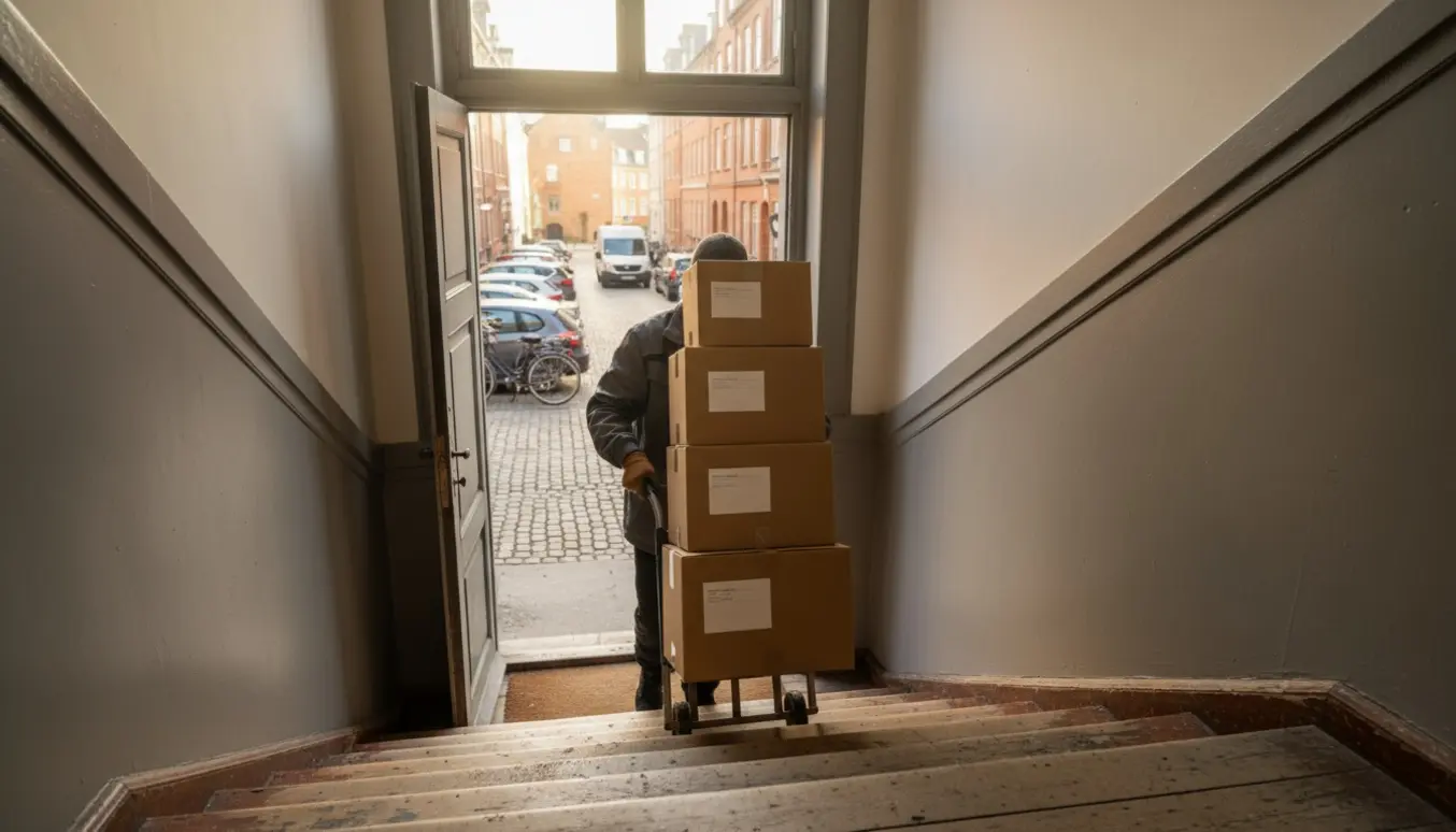 Flyttefolk bærer ca. ti små flyttekasser op ad en trappe i en københavnsk ejendom med varevogn og cykler på gaden.