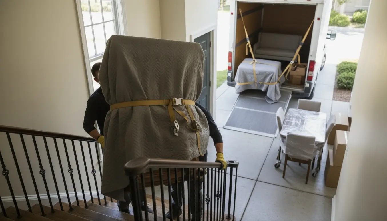 To flyttemænd bærer et indpakket hjørneskab ned ad en trappe mod en ventende flyttebil med indpakkede møbler klar til transport.