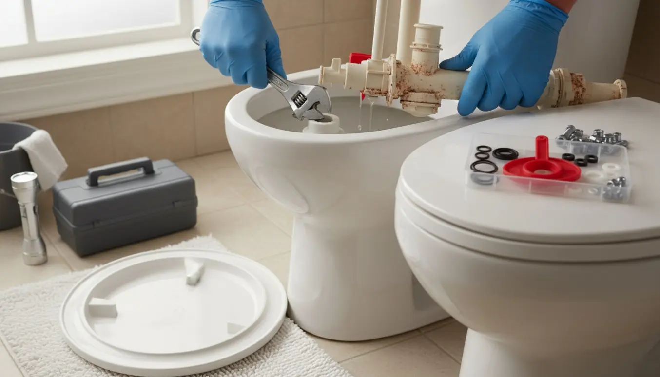 Åbent toilettank med handskerklædte hænder, der udskifter ventiler og reservedele.