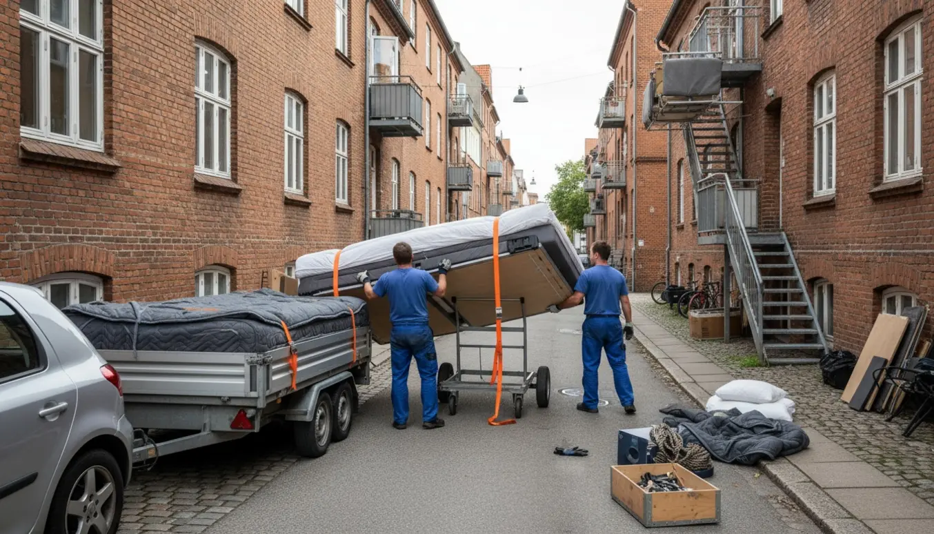 To flyttemænd løfter en pakket madras fra kælder til trailer foran en rødbrun lejlighedsbygning i Nørresundby.