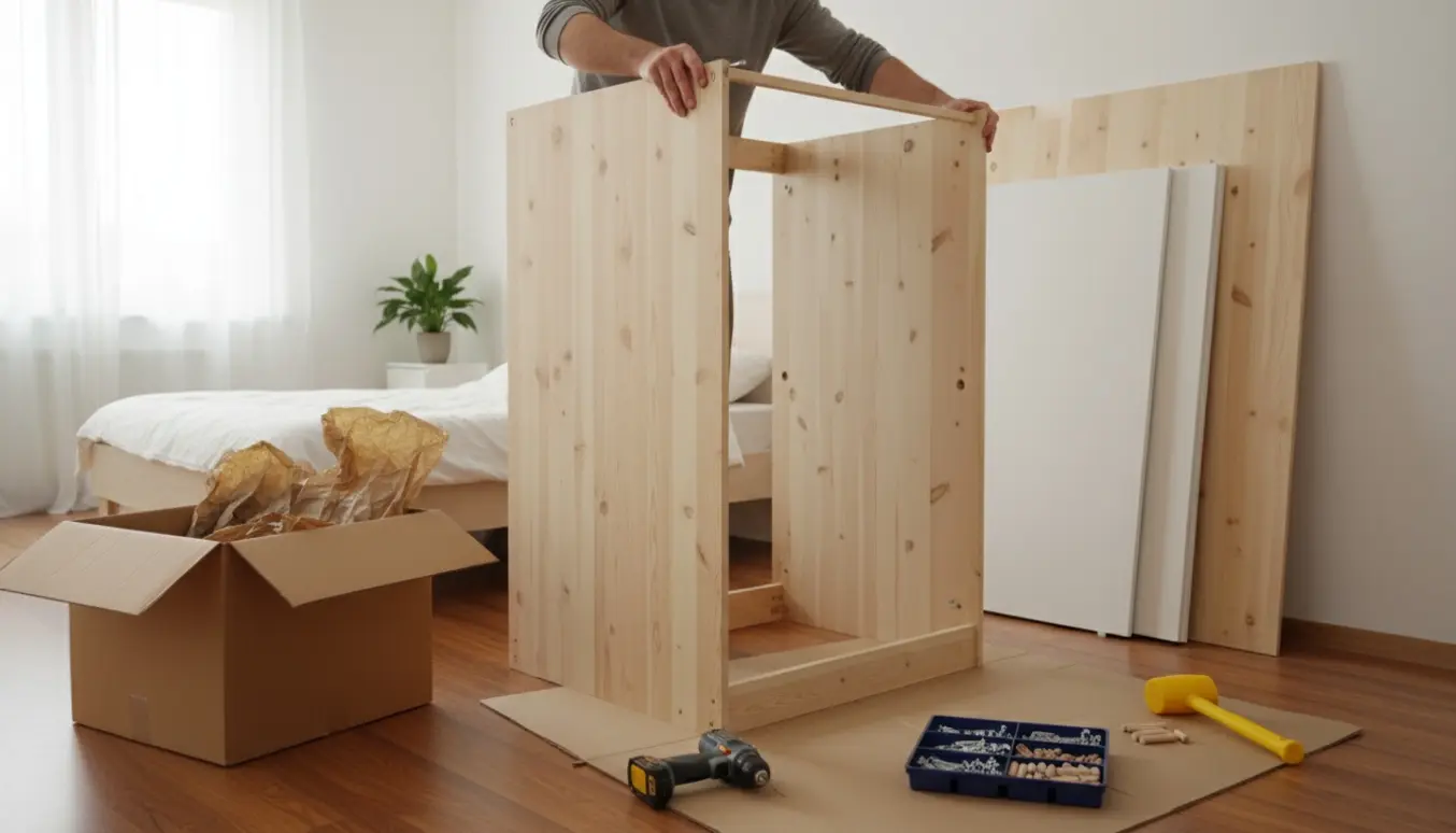 Nærbillede af hænder, der samler et fladpakket garderobeskab i et lyst soveværelse med værktøj og dele på gulvet.