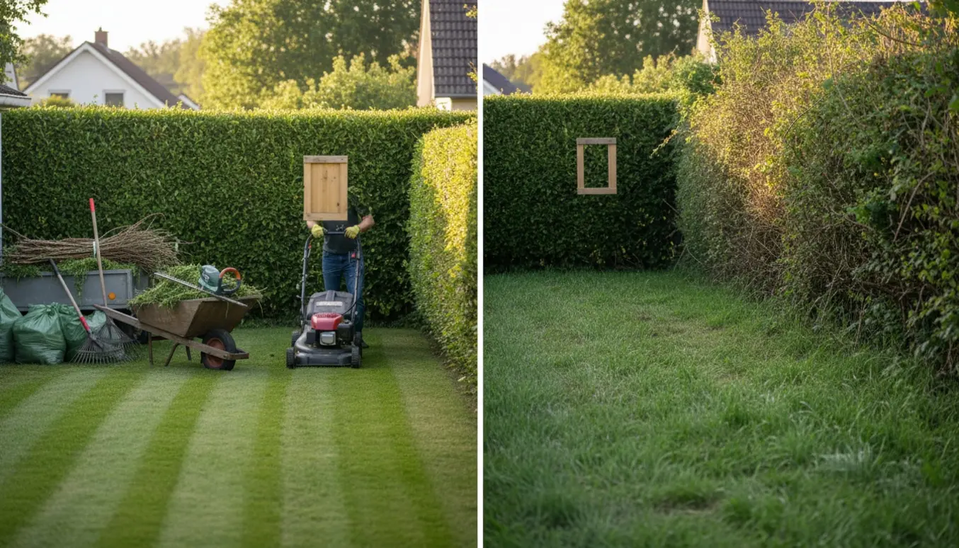 Før-og-efter scene med klippet hæk, nyslået plæne, trillebør og bunker haveaffald klar til afhentning.