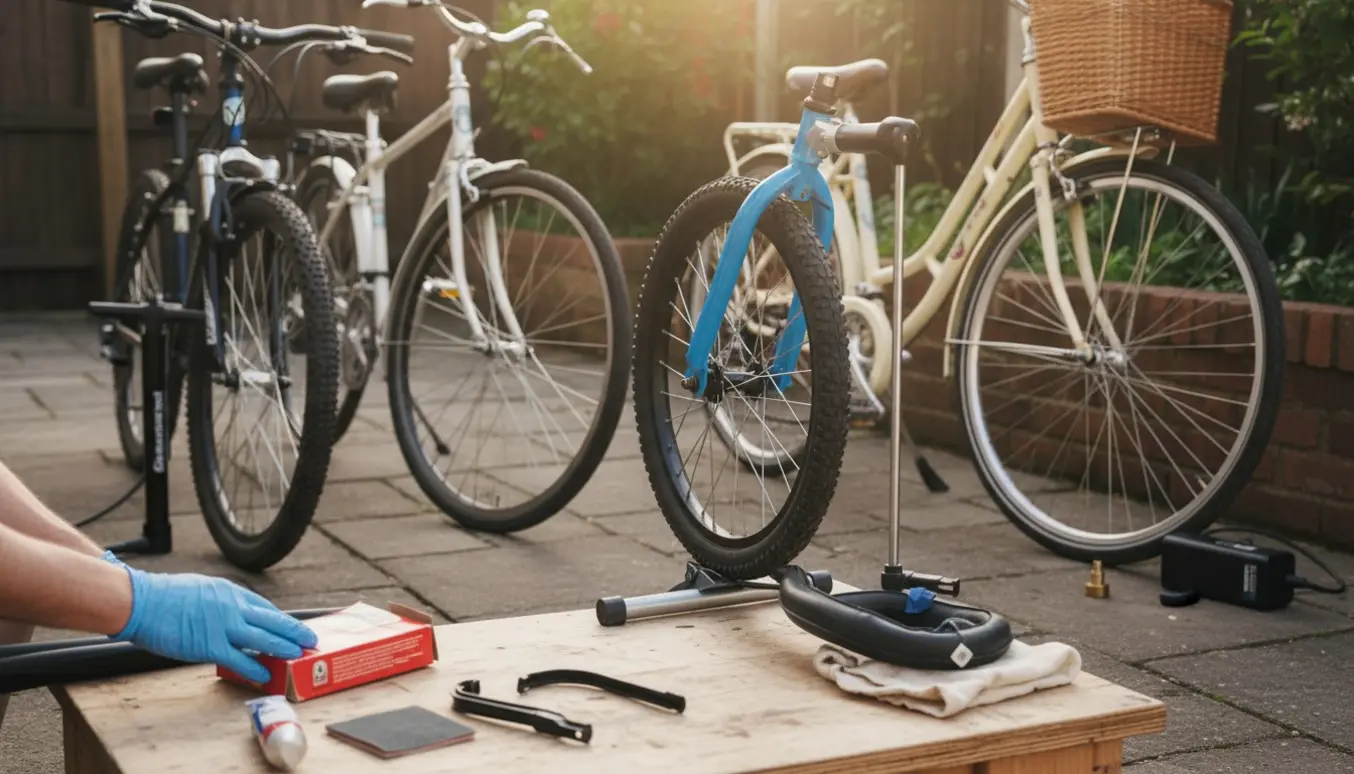 Nærbillede af cykler på gårdsplads med lapning af drengecykel og to cykler der pumpes, damecykel kræver særlig pumpe.
