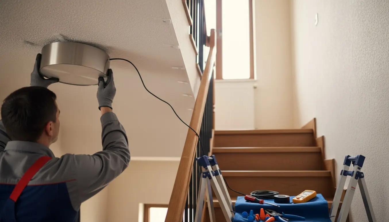 Montør monterer loftlampe i trappeopgang med trappestige og synlig kabelføring.