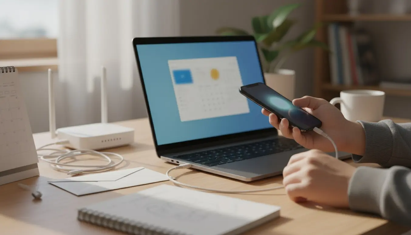 Hænder forsøger at synkronisere en iPhone med en Windows-pc på et ryddeligt skrivebord.