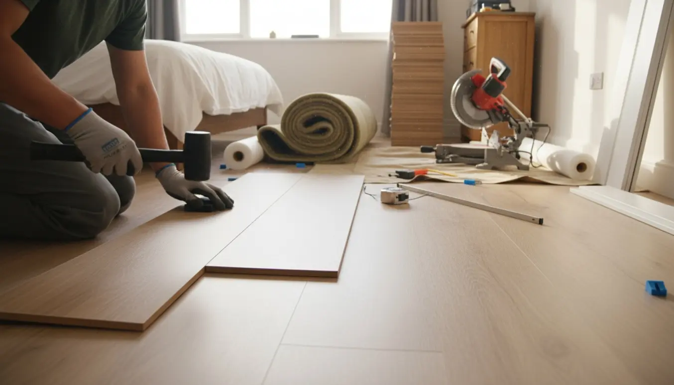Person uden synligt ansigt lægger klikgulv i et solbelyst værelse med ruller af gammelt tæppe, værktøj og lister klar.
