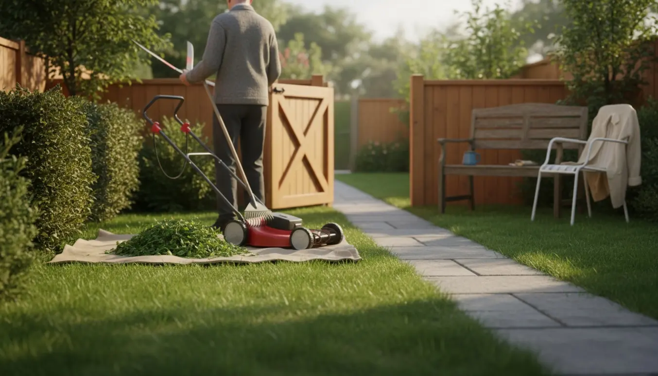 Bagfra ses en ældre person, der klipper hæk ved en nyslået lille forhave med håndplæneklipper og haveværktøj.