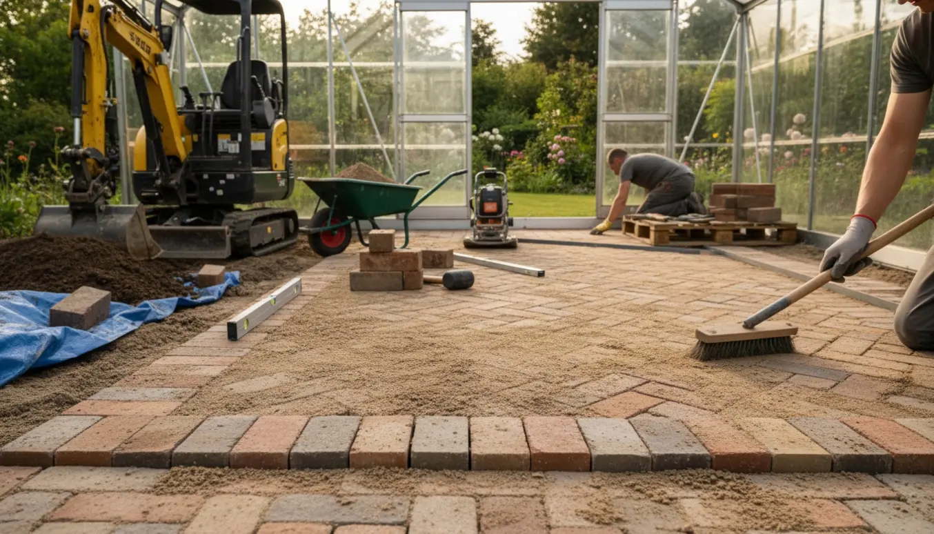 En 13 m² terrasse under anlæg ved et drivhus med teglfliser, minigraver og opgravet muldjord.