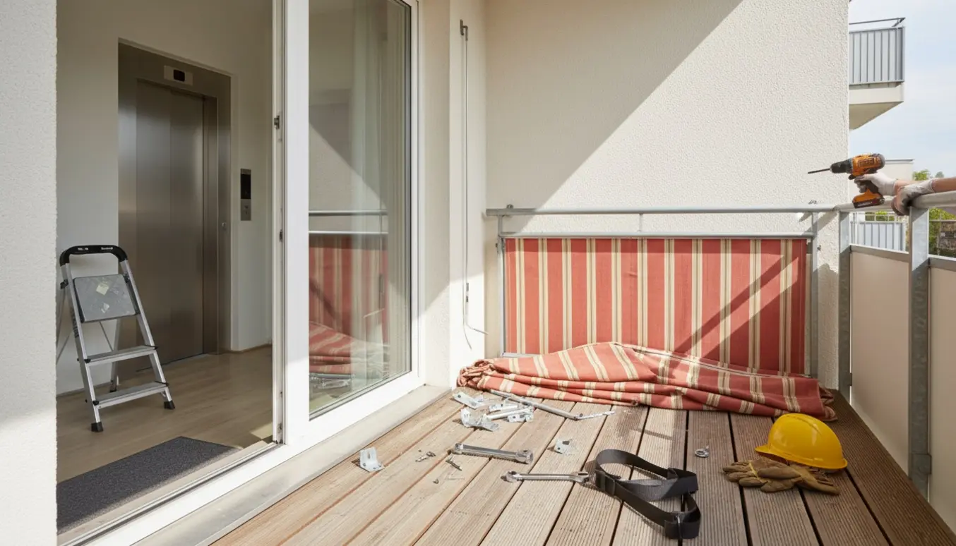 Delvist afmonteret markise på en 3. sals altan med værktøj og opgang i baggrunden.
