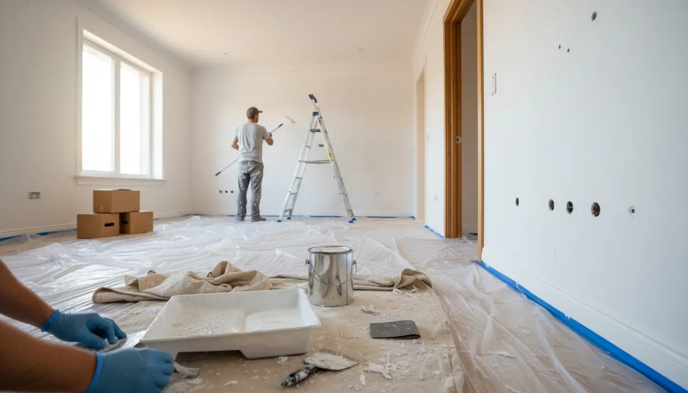 Lyst rum under malerarbejde med nymalede hvide vægge, malerværktøj og hænder i arbejde.