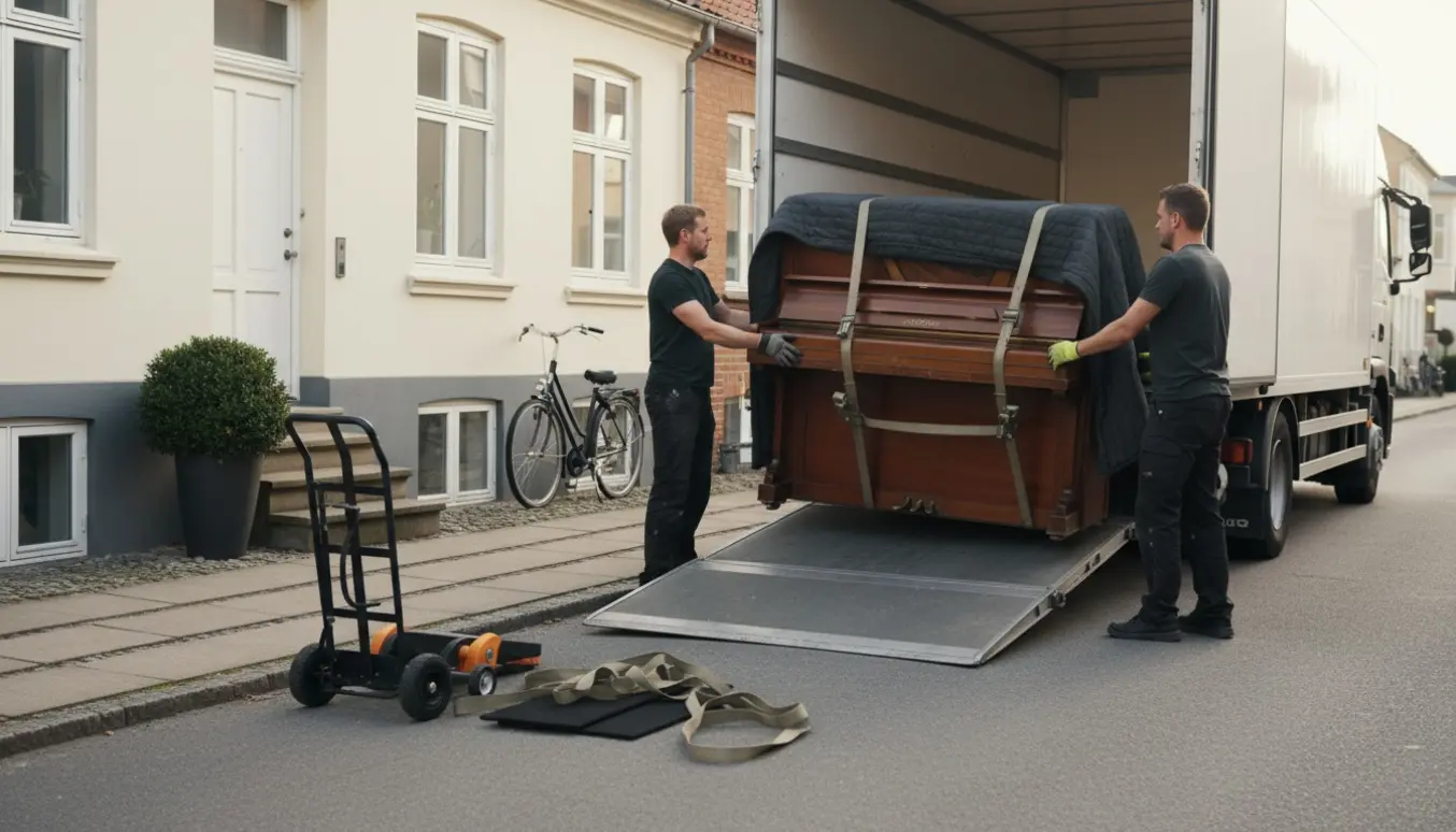 Flyttefolk løfter et indpakket klaver ind i en flyttebil på en rolig Holstebro-gade.